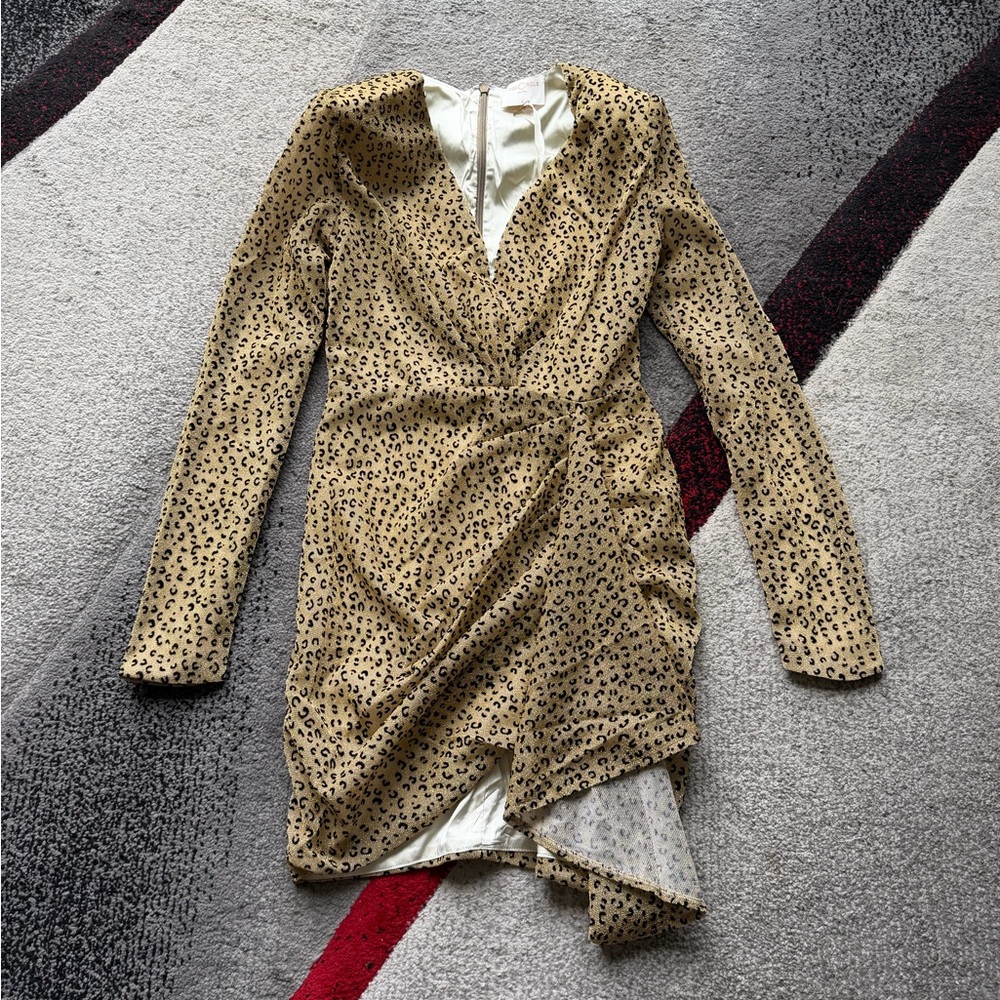 Miss Circle Leopard Print Metallic Asymmetrical Mini Dress